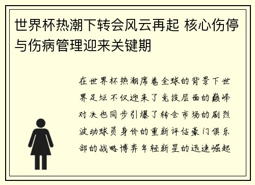世界杯热潮下转会风云再起 核心伤停与伤病管理迎来关键期